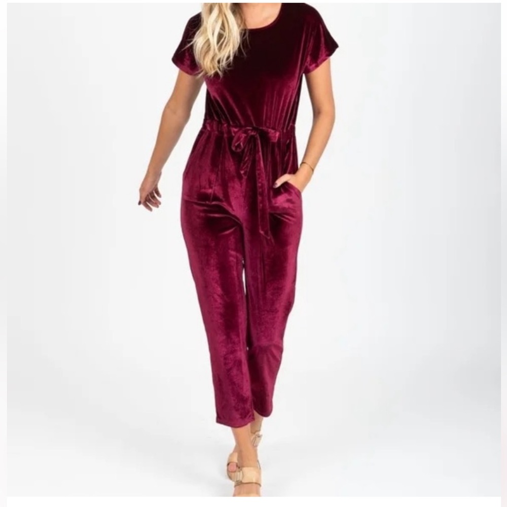Piper & Scoot: The Bianca Cinch Velvet Jumpsuit in Burgundy Medium